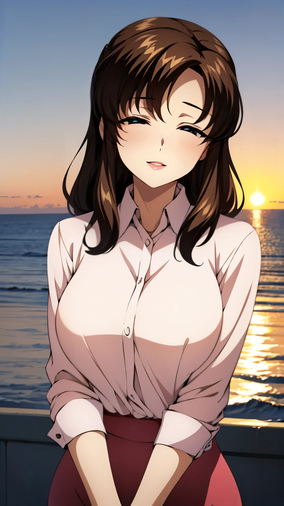 （super high quality, super high resolution ,16k,super masterpiece,Ultra HD ,Detailed shading and background,）Upper body photo,One sexy mature woman is looking straight ahead,long brown hair ,（Long-sleeved pink shirt unbuttoned and unfolded, red pencil skirt,）Open your lips a little,smile,blush, ocean background with a view of the sunset,Spread your hands wide in front of you,