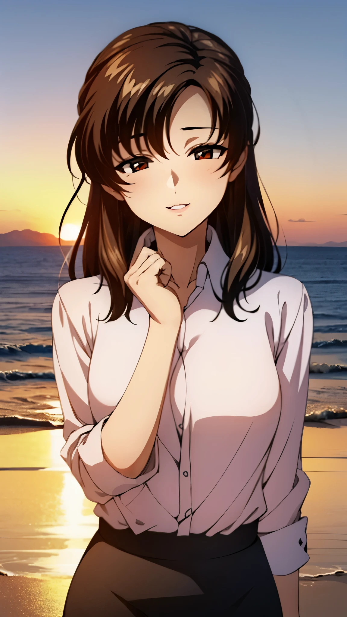 （super high quality, super high resolution ,16k,super masterpiece,Ultra HD ,Detailed shading and background,）Upper body photo,One sexy mature woman is looking straight ahead,long brown hair ,（Long-sleeved pink shirt unbuttoned and unfolded, red pencil skirt,）Open your lips a little,smile,blush, ocean background with a view of the sunset,Spread your hands wide in front of you,