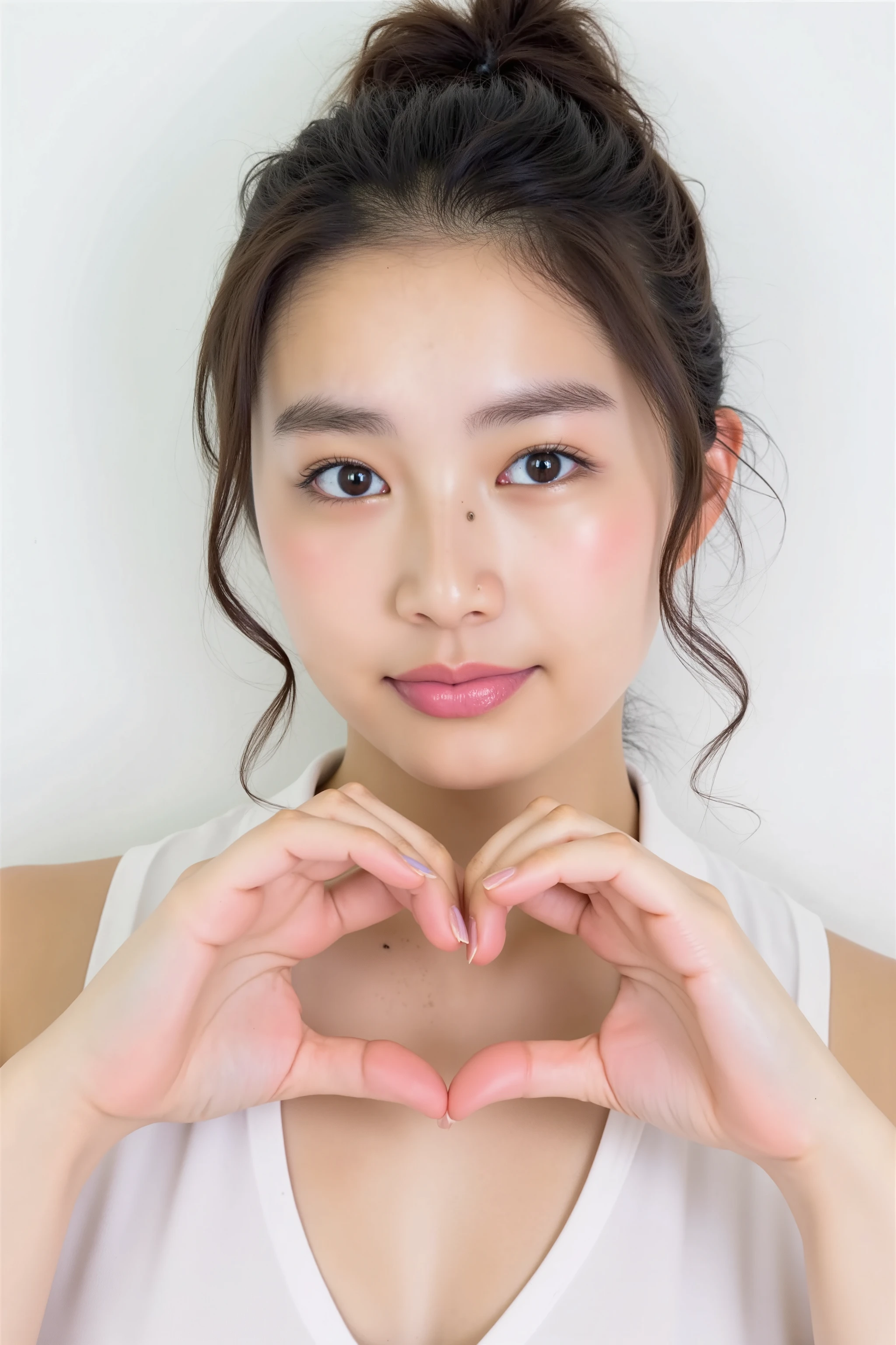 She is posing with both hands firmly in the shape of a big heart and holding it in front of her chest with a smile, (masterpiece), (Best Quality), ( very detailed ), (One Girl), (bikini),  in the center standing,  fashion model,  (Ultra Precise Human Body Structure   ,   best quality 、RAW Photos、8k、32K、masterpiece、Realistic、Realistic:1.37)、Cute Japanese women images、Photographed in natural light、 1 girl、Photo Mapping、   Physically Based Rendering   、Excellent image quality、  Kampala 、1080P、(Beautiful Face)、(Detailed description of the face)、((Detailed CG)、Rich details、(Detailed eyes)、 Delicate clavicle、 very realistic and detailed young woman 、  Beautiful skin、   soft light is reflected in the high part of the cheek、   small pores and hair follicles  、   even the smallest blood vessels are visible、The skin is smooth、natural flushing of cheeks 、Healthy glow、  The eyes are large and clear blue、  The iris has fine patterning、  with light reflecting and shining in the eyes 、  There is a slight shadow under the eye、  with long, naturally curly lashes 、 her lips are soft pink 、  smooth texture and natural shine 、   background is pale black and white gradation  、The focus is completely on the face 、Realistic shadows and textures、 photographic depiction 
