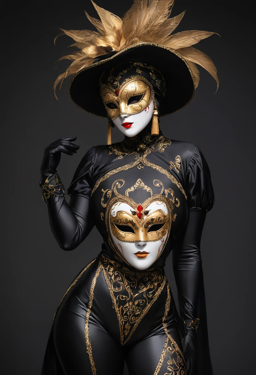  Woman wears white porcelain mask (Venetian mask), bright and inexpressive mask,reflexes,  woman in tight black vinyl jumpsuit style dress, (((segura uma faca suja de blood))),thick thighs,  looks at the observer , light and dark, dark background, perfect anatomy, golden ratio, high quality assassin ,blood