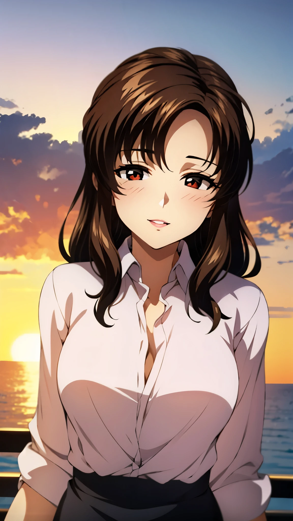 （super high quality, super high resolution ,16k,super masterpiece,Ultra HD ,Detailed shading and background,）Upper body photo,One sexy mature woman is looking straight ahead,long brown hair ,（Long-sleeved pink shirt unbuttoned and unfolded, red pencil skirt,）Open your lips a little,smile,blush, ocean background with a view of the sunset,