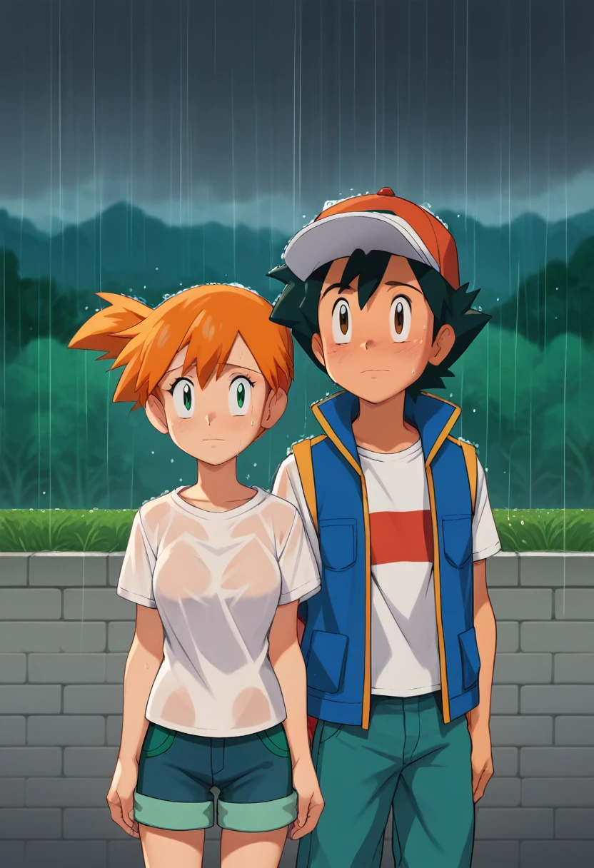 boy, ash ketchum, red baseball cap, open blue jacket, black t-shirt, blue jeans, black hair, his brown eyes aren't seen, head down, 1 girl, misty \(pokemon\), orange hair, aqua eyes, side ponytail, white shirt, blue jeans shorts, photograph of a 18 years couple, she's almost crying of sadness, rainy day, grey clouds, 