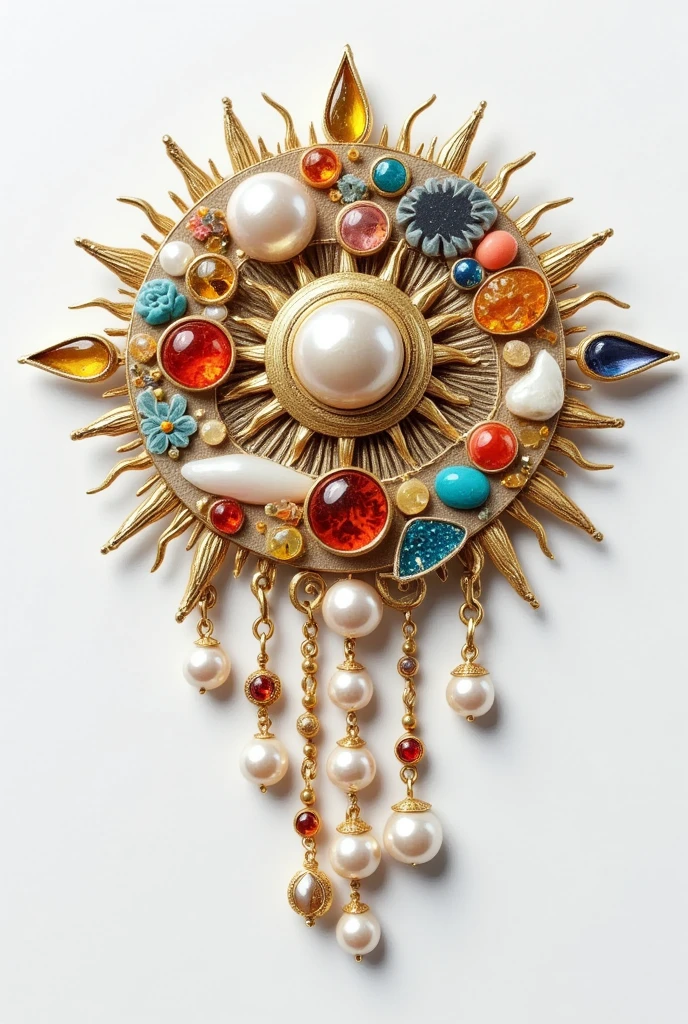 Product Design：medieval jewelry， baroque pearls and eye elements and gemstones，sun，moon，beeswax ，amber，turquoise，coral，Felt，Retro， white background for head only