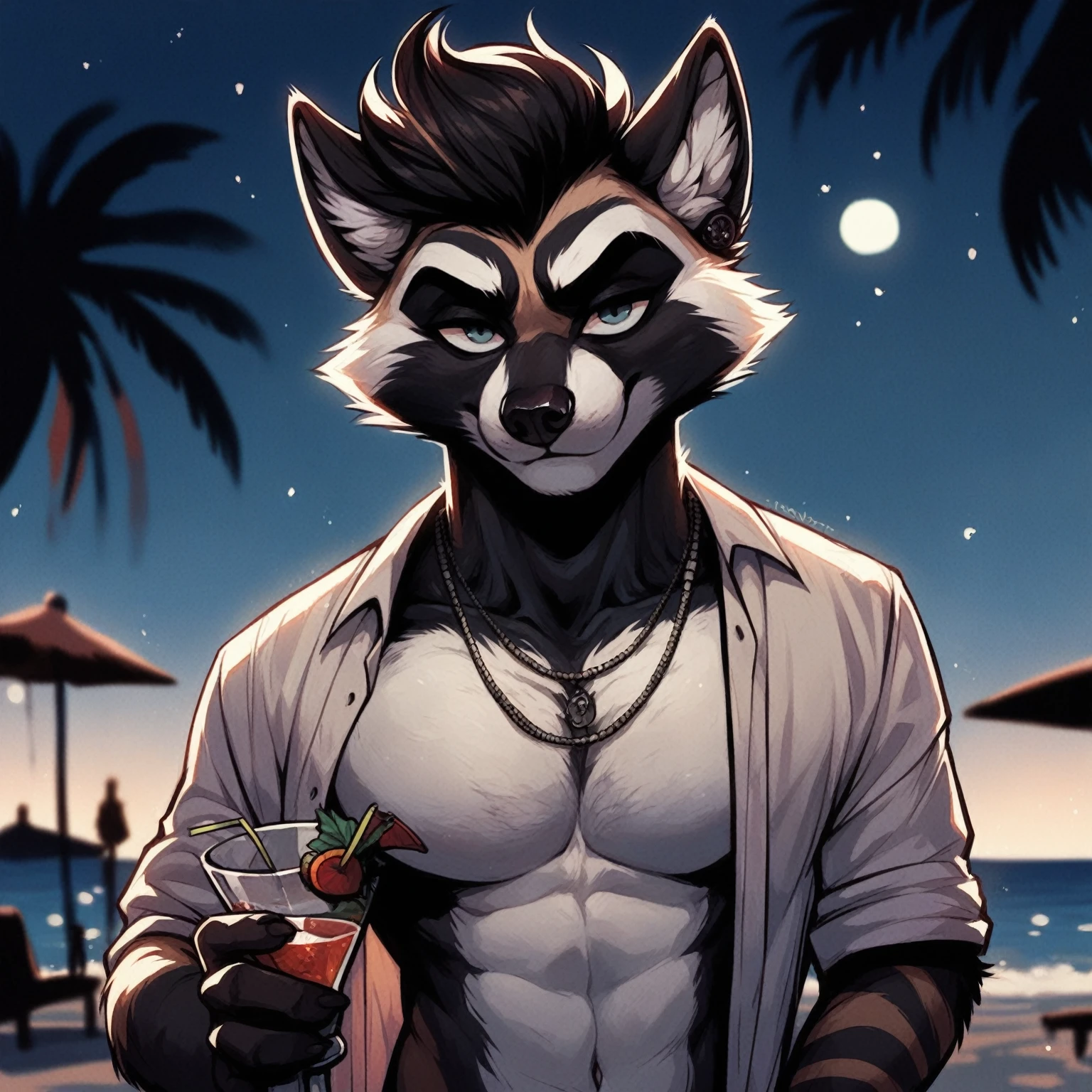 first, flat, Artistic, DETAILED: of a raccoon, adult, Alone,  body tattoos , with Pompadoúr , with open shirt, standing,  holding a cocktail , on a beach with low backlight.