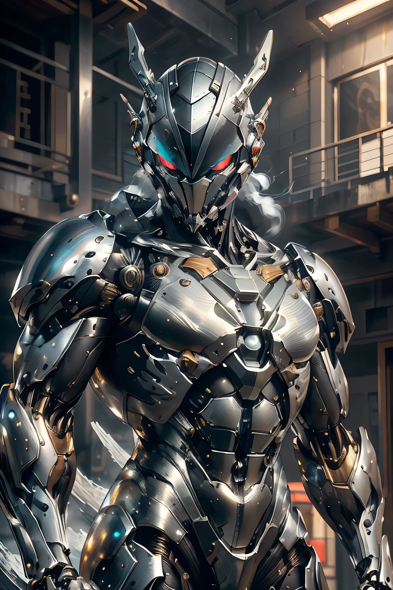 ((running towards viewer , dynamic pose)), (metallic: 1.5, silver and black suit: 1.5), (Japanese hero, whole body), (mech bodysuit with swords: 1.5), ((Swirling Cold Air : 1.5)), cyberpunk, My eyes are shining brightly, Suit parts are large , Lots of LEDs, ( helmet with sharp antennas), Unreal Engine 5, High image quality, best quality , Kampala, Super detailed, Fine painting, extremely delicate , professional, anatomically accurate , creativity, RAW Photos, 超 Kampala, 32K, Natural Light, Cinema Lighting, masterpiece-anatomy-perfect, masterpiece:1.5, ( portrait), (action pose), ((was a mecha))