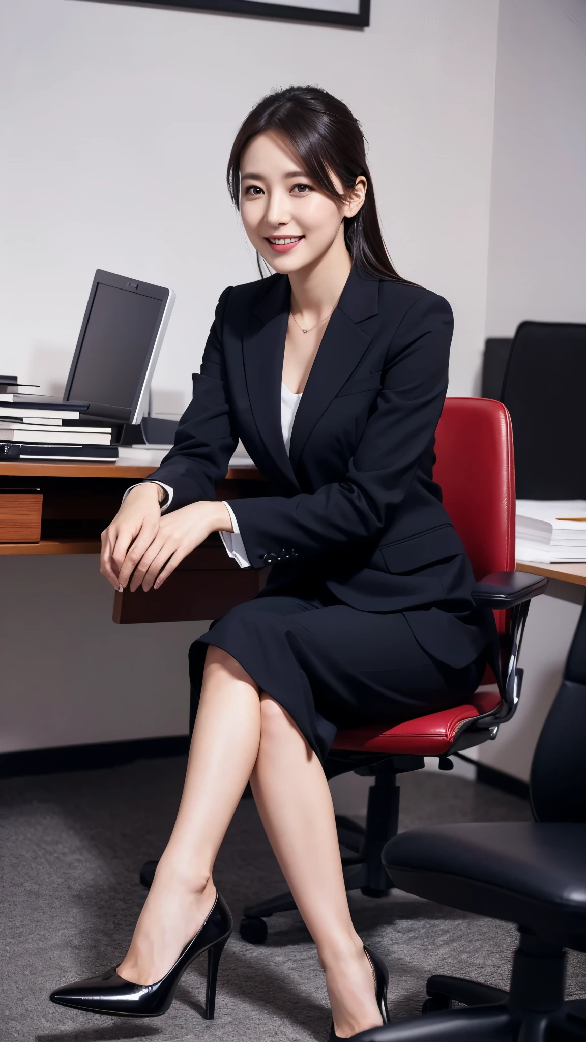 (Best Quality, Mastepiece, Photorealistic, high resolution, 8k, Raw photo), 1girl, soro, 30 years old, sitting in an office chair, smile, ((close legs)), (wearing business suit, high heels),