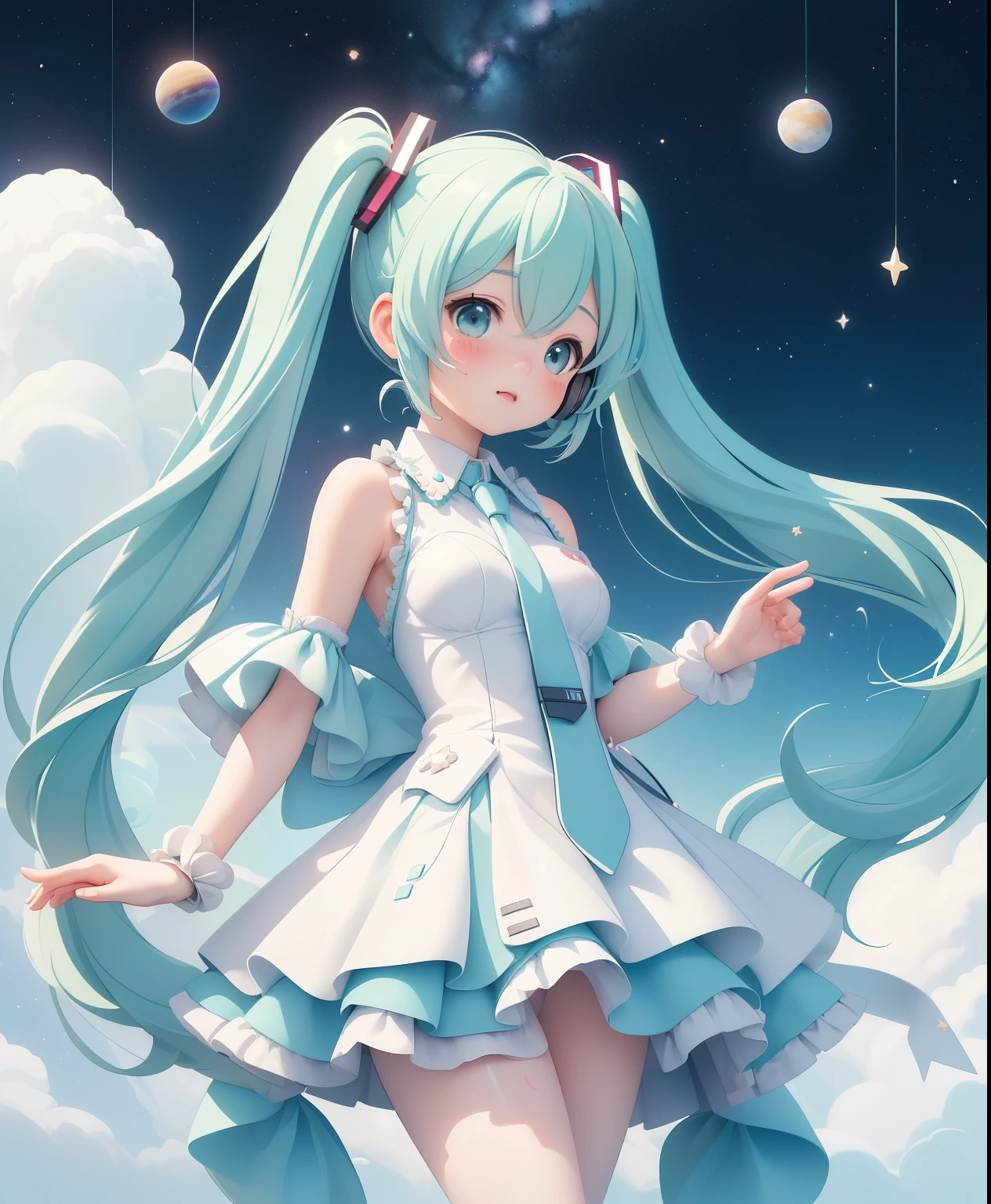 (masterpiece、Best Quality、Best Quality、Official Art、Beautiful and beautiful:1.2)、(One person:1.3) Hatsune Miku、 twin tails,Beautiful breasts,Milky Way, rocket, planet, stars  Illustration, cute Illustration, cute digital art ,  drawn in a whimsical style, &#39;s Illustration, Cute Features, Illustration, Illustrations, Comfortable silence,  cute detailed digital art 