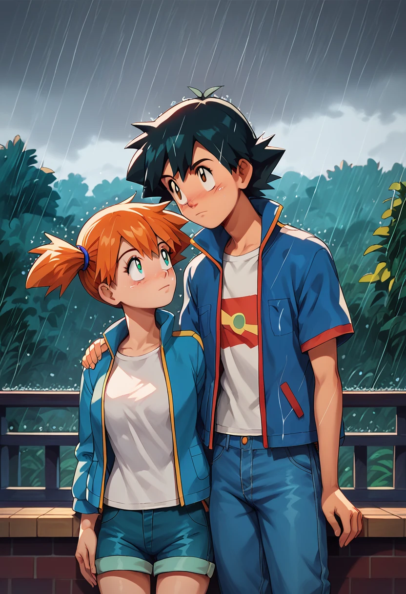 boy, ash ketchum, red baseball cap, open blue jacket, black t-shirt, blue jeans, black hair, his brown eyes aren't seen, head down, 1 girl, misty \(pokemon\), orange hair, aqua eyes, side ponytail, white top, blue jeans shorts, photograph of a 18 years couple, she's almost crying of sadness, rainy day, grey clouds, 