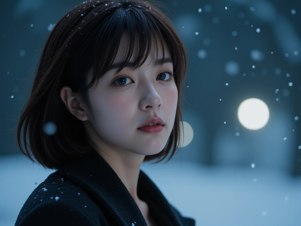 Watching the snow fall quietly. Her introspective and tearful expression, I can feel the longing and melancholy of the winter night. . . , top-quality, Hyper HD, Yoshitomo Nara, Japanese Models, Beautiful Japanese wife, Short hair, 27-year-old female model, 4k yen, 4K, 27 years old, sakimichan, sakimichan