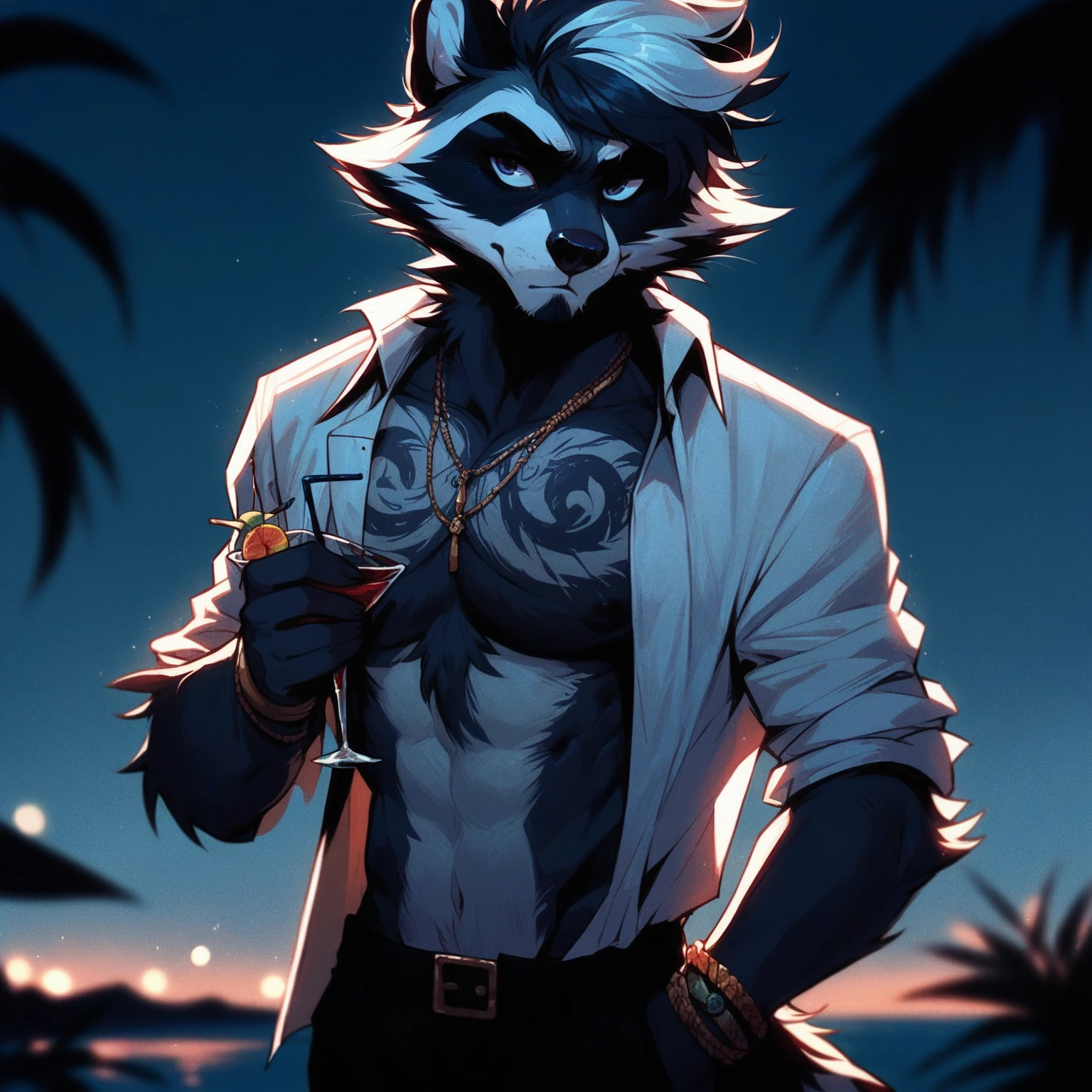 first, flat, Artistic, DETAILED: of a raccoon, adult, Alone,  body tattoos , with Pompadoúr , with open shirt, standing,  holding a cocktail , on a beach with low backlight.