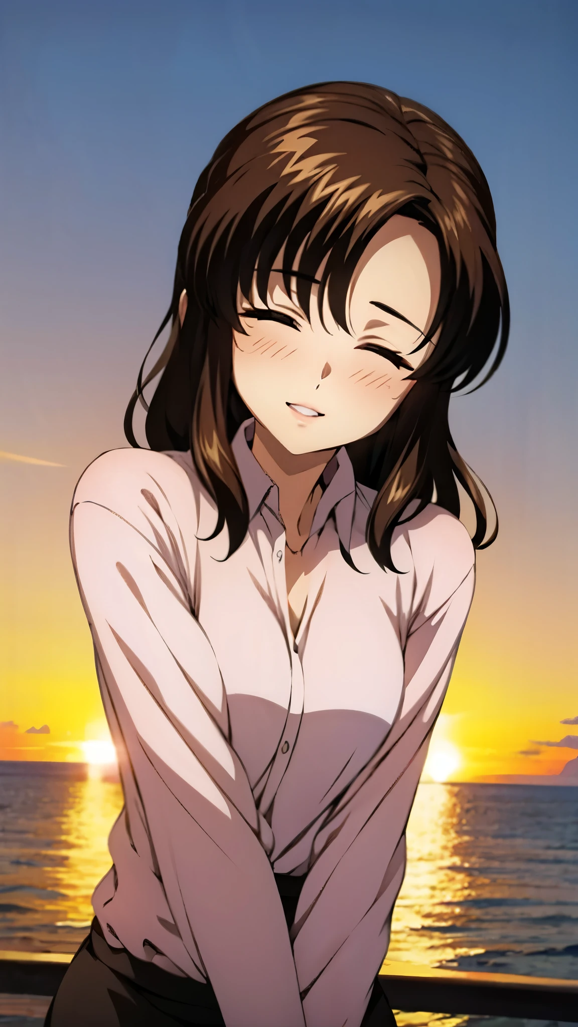 （super high quality, super high resolution ,16k,super masterpiece,Ultra HD ,Detailed shading and background,）Upper body photo,One sexy mature woman is looking straight ahead,long brown hair ,（Long-sleeved pink shirt unbuttoned and unfolded, red pencil skirt,）Open your lips a little,smile,blush, ocean background with a view of the sunset,Stretch your hands out in front