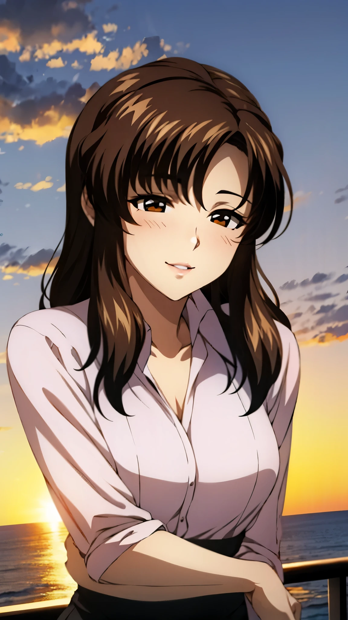 （super high quality, super high resolution ,16k,super masterpiece,Ultra HD ,Detailed shading and background,）Upper body photo,One sexy mature woman is looking straight ahead,long brown hair ,（Long-sleeved pink shirt unbuttoned and unfolded, red pencil skirt,）Open your lips a little,smile,blush, ocean background with a view of the sunset,Stretch your hands out in front