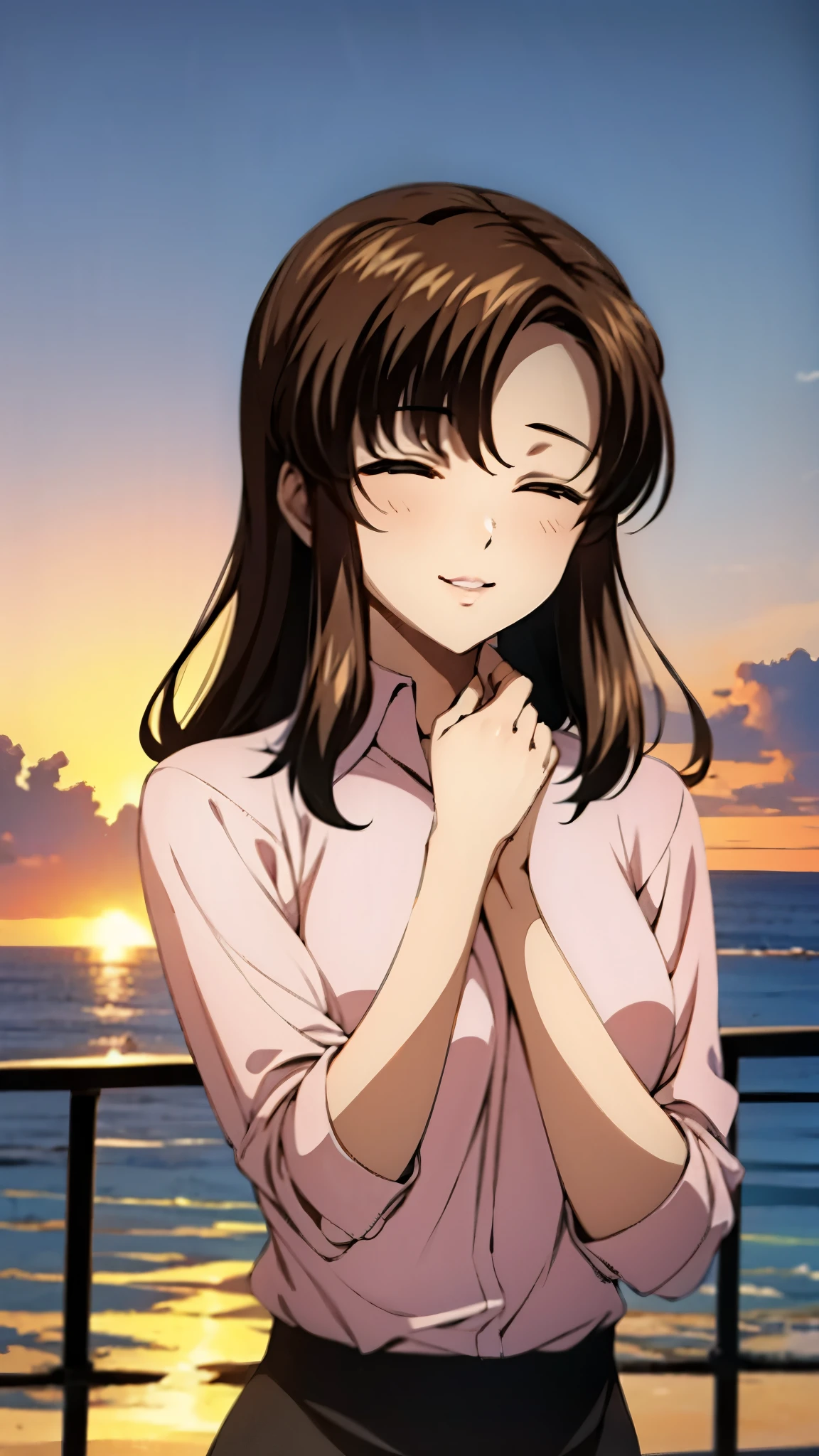 （super high quality, super high resolution ,16k,super masterpiece,Ultra HD ,Detailed shading and background,）Upper body photo,One sexy mature woman is looking straight ahead,long brown hair ,（Long-sleeved pink shirt unbuttoned and unfolded, red pencil skirt,）Open your lips a little,smile,blush, ocean background with a view of the sunset,Stretch your hands out in front