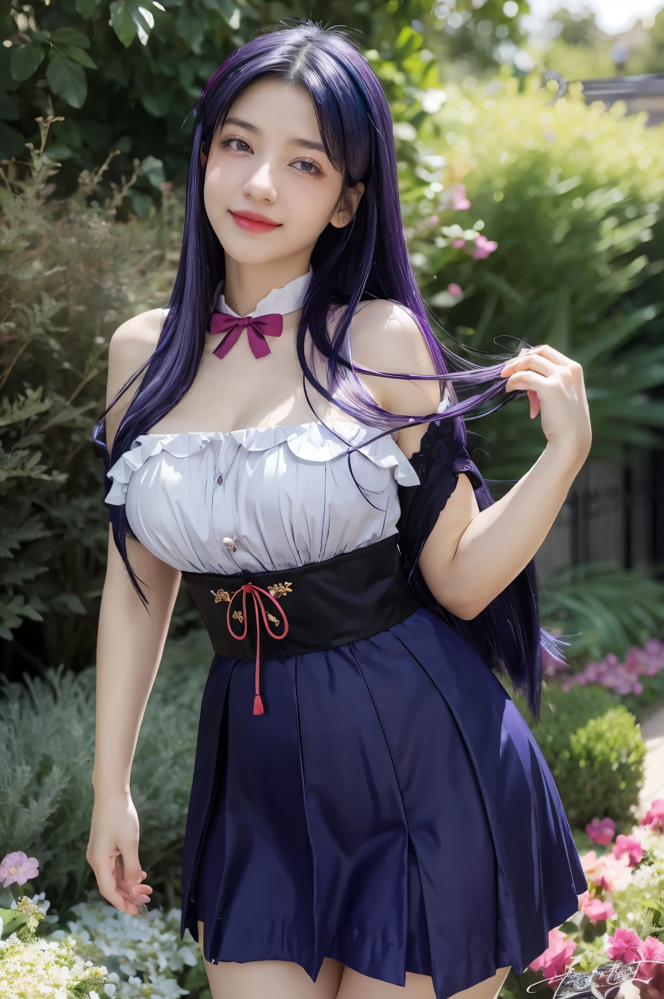 (absurdres, highres, ultra detailed), masterpiece, hinata(boruto), ((solo)), 1girl,medium breasts, long purple victorian style dress, closed mouth, (((long hair))),standing, the bodice and the skirt pattern, frill skirt, lace, blink blink effect, (((detailed lips))), garden, pink and yellow flowers,  ((realistic skin)), glowing skin, ((glossy red lips)), purple eyes, portrait, beautiful, smile, (((dark blue hair))), bust crop, normal skin