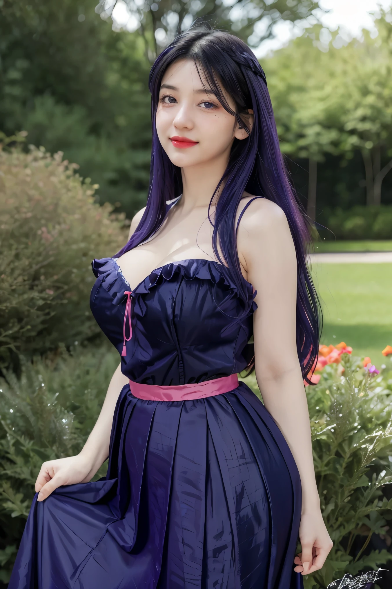 (absurdres, highres, ultra detailed), masterpiece, hinata(boruto), ((solo)), 1girl,medium breasts, long purple victorian style dress, closed mouth, (((long hair))),standing, the bodice and the skirt pattern, frill skirt, lace, blink blink effect, (((detailed lips))), garden, pink and yellow flowers,  ((realistic skin)), glowing skin, ((glossy red lips)), purple eyes, portrait, beautiful, smile, (((dark blue hair))), bust crop, normal skin