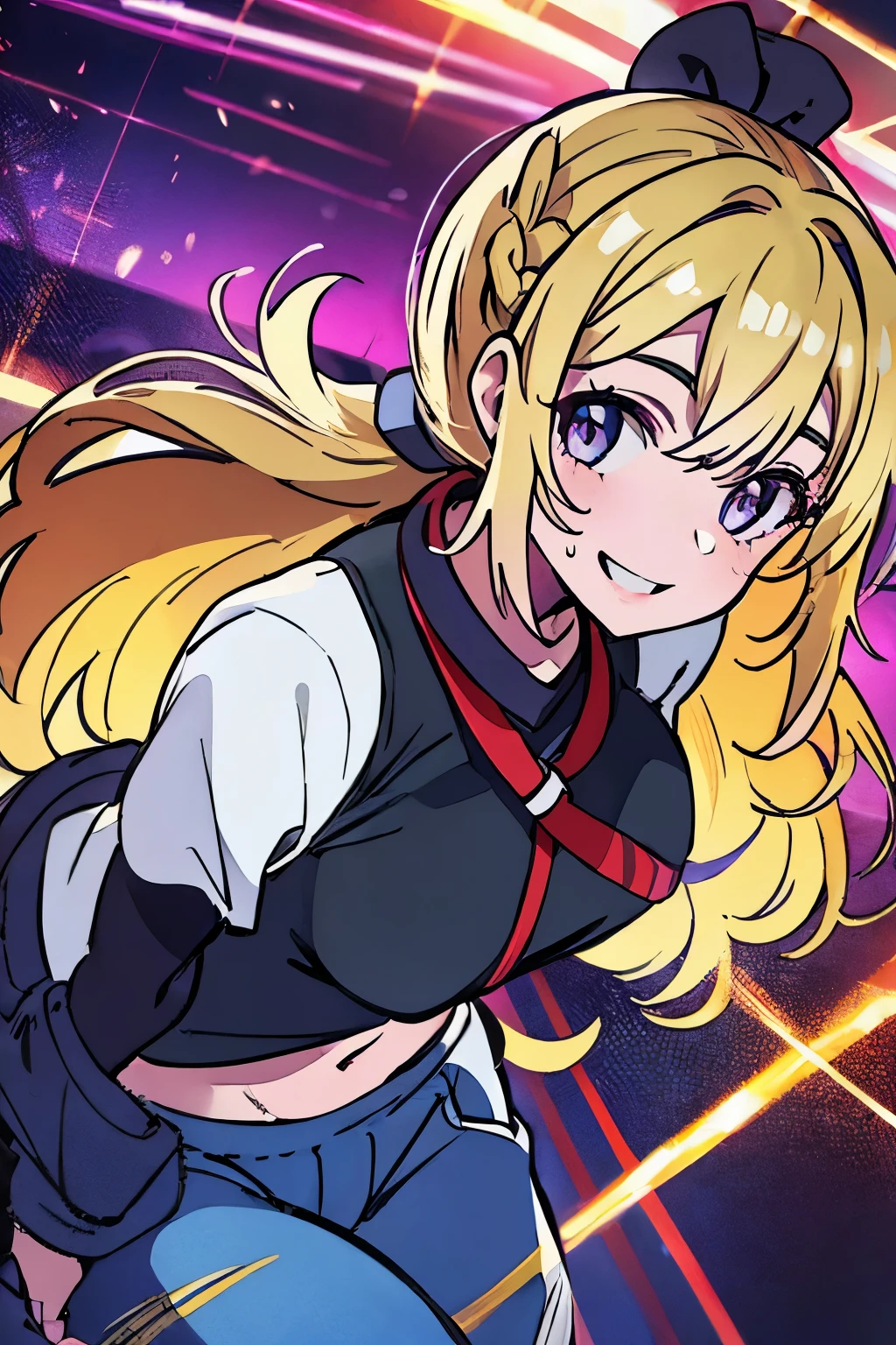 最high quality、best image quality、masterpiece、girl((20-year-old、 By becoming、vest bust、medium bust,wide open breast tea、Shining eyes, blonde、long hair、thin,highest valley、ponytail、action of looking up、Bandage on right arm、Sportswear with a wide open chest、short belly blue pants、cool pose、holding a black smartphone、sweating、smile、movement of leaning forward)),high quality、beautiful art、background((cyber sports gym))、flight、debris flies、Depth of written boundary、movie、visual art、perfect art、8K,genuine、