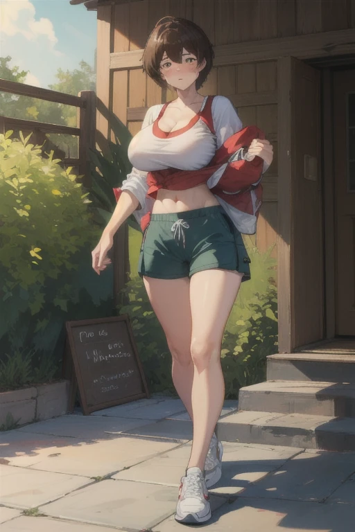 1boy, male focus, solo, brown hair, shaggy hair, midriff peek, v neck shirt, cargo shorts, sneakers, massive breasts:0.1,  breast expansion, betaut, (breast_inflation), blushing, (aroused), backyard, BETaut:0.1 besequence:0.1