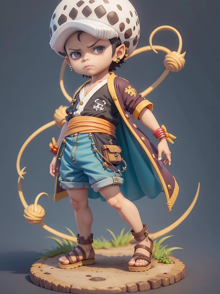 cute 3d render, cute detailed digital art, male explorer mini cute boy, cute digital painting, stylized 3d render, cute digital art, cute render 3d anime boy, Trafalgar the little pirate looks up, cute! c4d, portrait anime sea pirate boy, he is wearing an open long-sleeved red cardigan with four buttons, with a yellow sash tied around his waist, blue shorts with cuffs, sandals, straw hat.