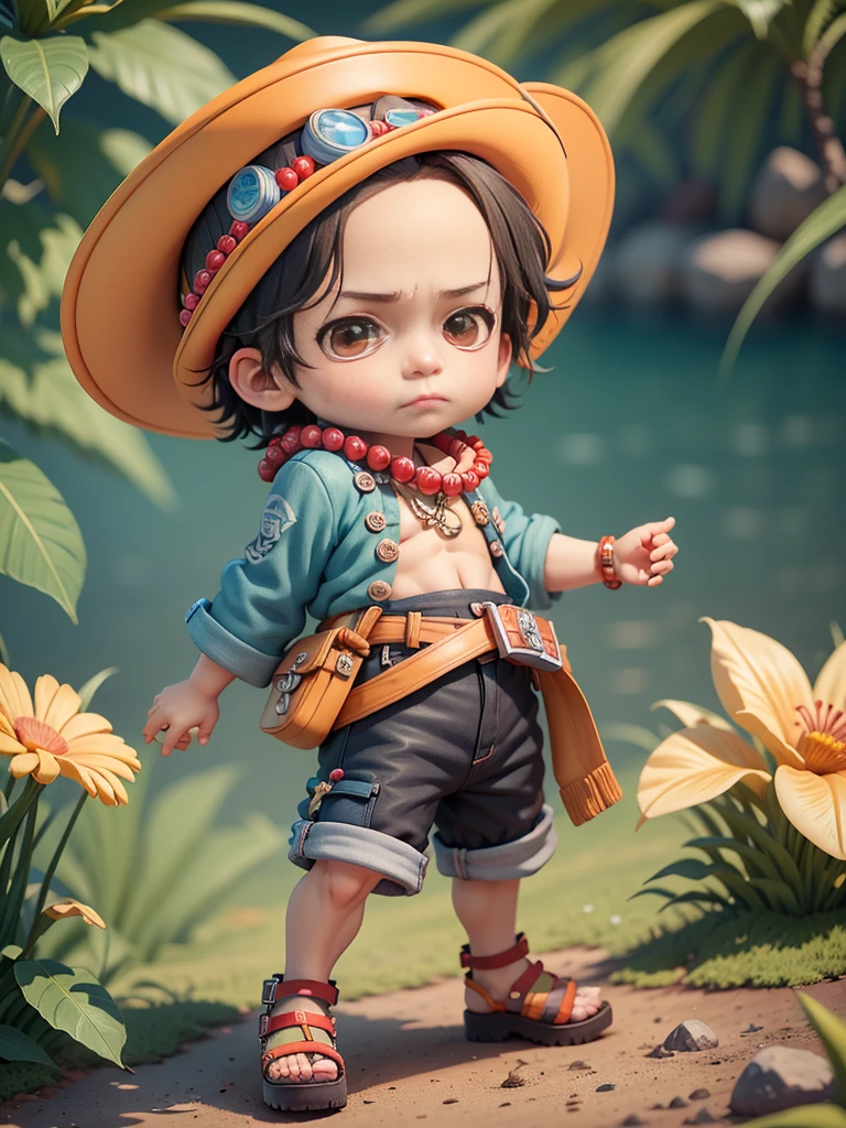 cute 3d render, cute detailed digital art, male explorer mini cute boy, cute digital painting, stylized 3d render, cute digital art, cute render 3d anime boy, Portgas D Ace the little pirate looks up, cute! c4d, portrait anime sea pirate boy, he is wearing an open long-sleeved red cardigan with four buttons, with a yellow sash tied around his waist, blue shorts with cuffs, sandals, straw hat.