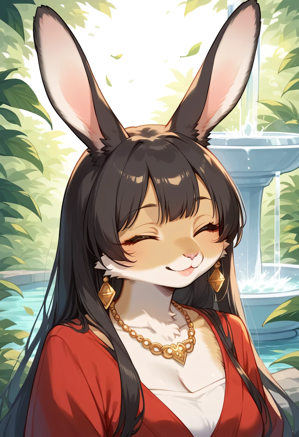 score_9, score_8_up, score_7_up, score_6_up, score_5_up, score_4_up, source_anime, best quality, amazing quality, very aesthetic, absurdres, 1girl, (furry, kemono:1.2), rabbit, rabbit girl, solo, jewelry, earrings, closed eyes, long hair, necklace, smiling, satisfied face, portrait, dark hair, closed mouth, outdoors, lips, daytime, close-up of female face. Blissful, satisfied face, eyes closed, lips slightly open. She is at the height of happiness, her hair is dark brown and she is smiling slightly. She wears a pearl necklace around her neck. Behind her is a fountain with green leaves.