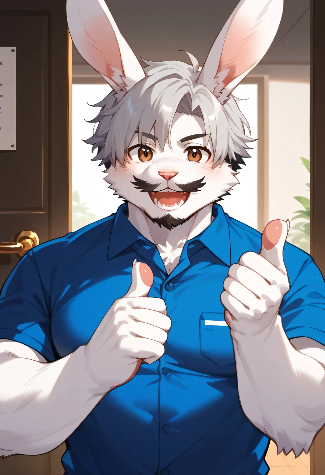 score_9, score_8_up, score_7_up, score_6_up, score_5_up, score_4_up, source_anime, best quality, amazing quality, very aesthetic, absurdres, 1boy, (furry, kemono:1.1), rabbit, male focus, solo, facial hair, grey hair, looking at viewer, smile, thumbs up, shirt, upper body, brown eyes, beard, open mouth, short hair, blue shirt, collared shirt, mustache, blurry, indoors, A detailed digital illustration of a smiling man with a blue shirt and gray hair. The man's face is adorned with a black mustache and goatee. He is smiling and giving a thumbs up gesture. The background is a cream colored wall with a brown door on the left.