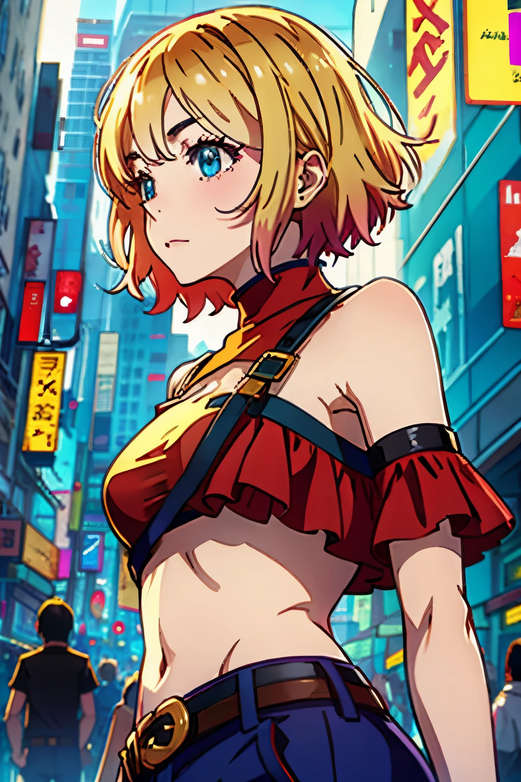 tmasterpiece,, Best quality at best, A high resolution, 1girll,Off-the-shoulder attire,, with short golden hair,Red clothes,mary,hason, Crop top, (Breast width1.4), nabel,Fighting posture,cyber punk perssonage,City streets