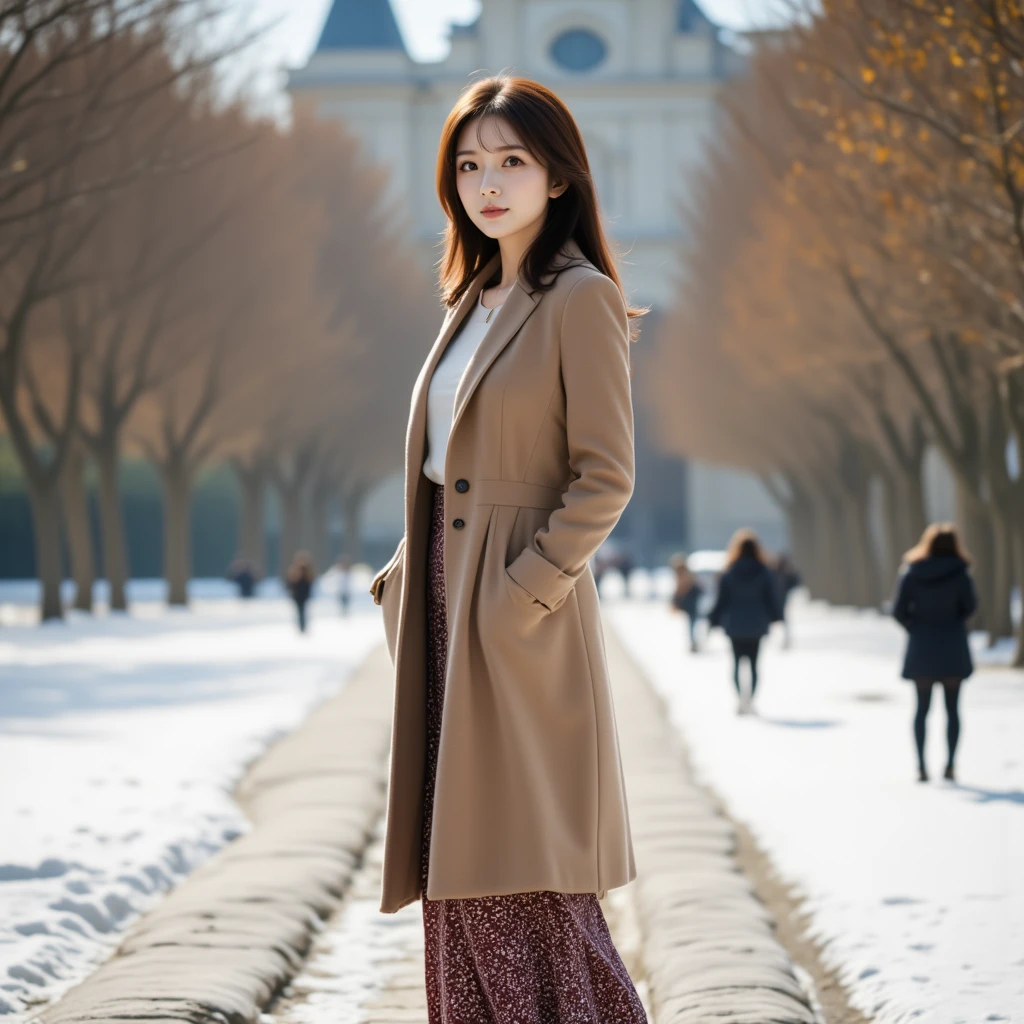 ((best quality, high resolution, high definition, masterpiece, 8k)), one woman, 21 year old woman, Japanese woman, pretty woman, (full body shot: 1.3), woman standing in winter park, urban park, sunny day in Paris, (wearing light brown coat, tight designed maxi skirt, high heels, simple fashion), perfect proportions, slim figure, 8 life ratio, detailed face, beautiful eyes, natural makeup, reddish complexion, smiling and looking at you, brown medium length hair, loose wavy hairstyle, ((4 shots with Canon EOS 5D Mark 4 and SIGMA Art lens 85mm F1.DG HSM lens, f-stop 2.4, ISO 200, shutter speed 2000)), front angle, RAW photo, clear photo, professional lighting,: 165cm