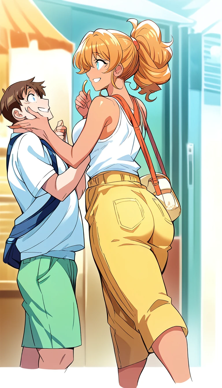 A girl of normal height,   tanned girl dressed like a student,  Wearing a ponytail,  smiling, orange curly hair ,  big ass and big boobs,     looking forward    