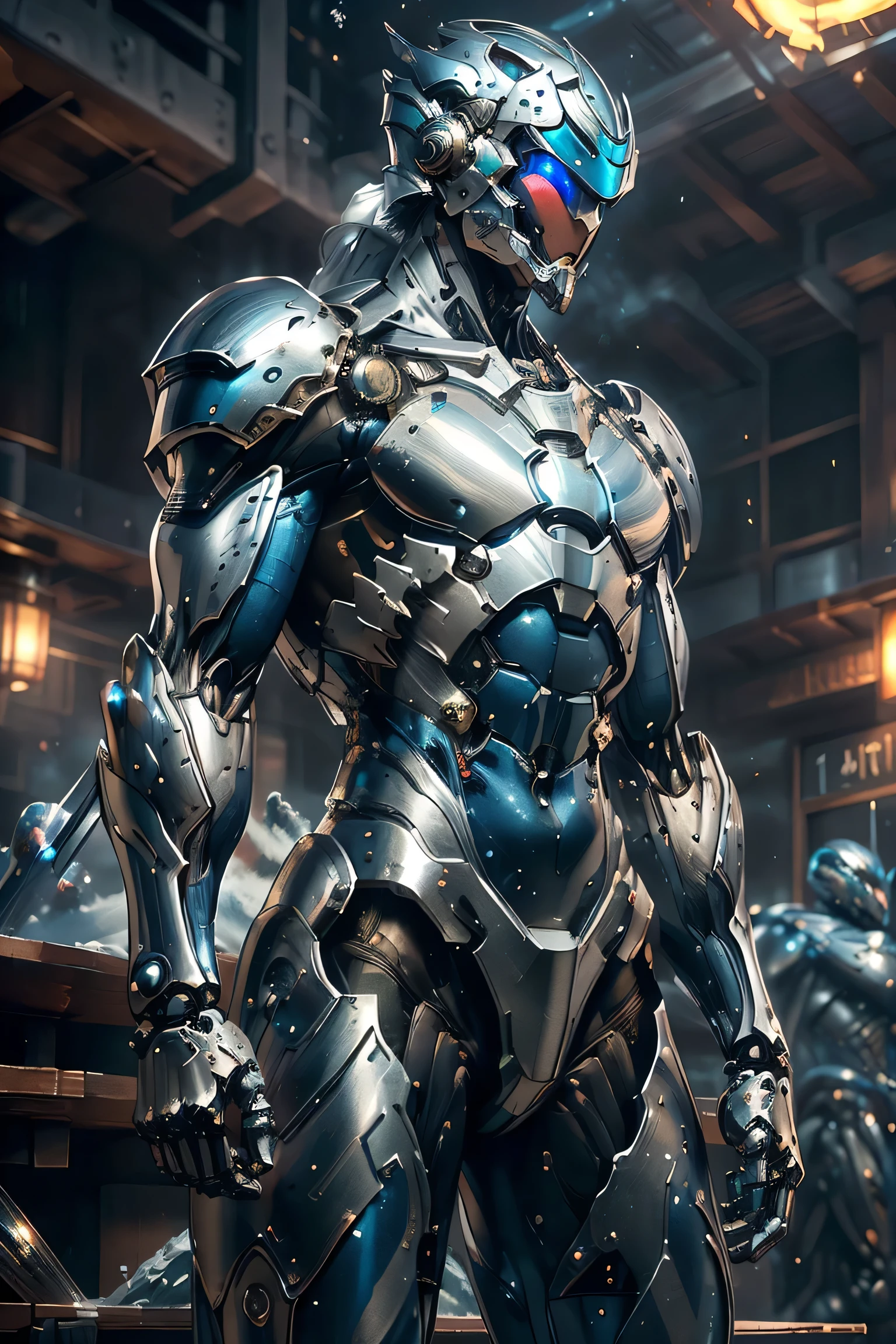 ((running towards viewer , dynamic pose)), (metallic: 1.5, silver and blue suit: 1.5), (Japanese hero, whole body), (mech bodysuit with swords: 1.5), ((Swirling Cold Air : 1.5)), cyberpunk city, My eyes are shining brightly, Suit parts are large , Lots of LEDs, ( helmet with sharp antennas), Unreal Engine 5, High image quality, best quality , Kampala, Super detailed, Fine painting, extremely delicate , professional, anatomically accurate , creativity, RAW Photos, 超 Kampala, 32K, Natural Light, Cinema Lighting, masterpiece-anatomy-perfect, masterpiece:1.5, ( portrait), (action pose), ((was a mecha)), (side view)
