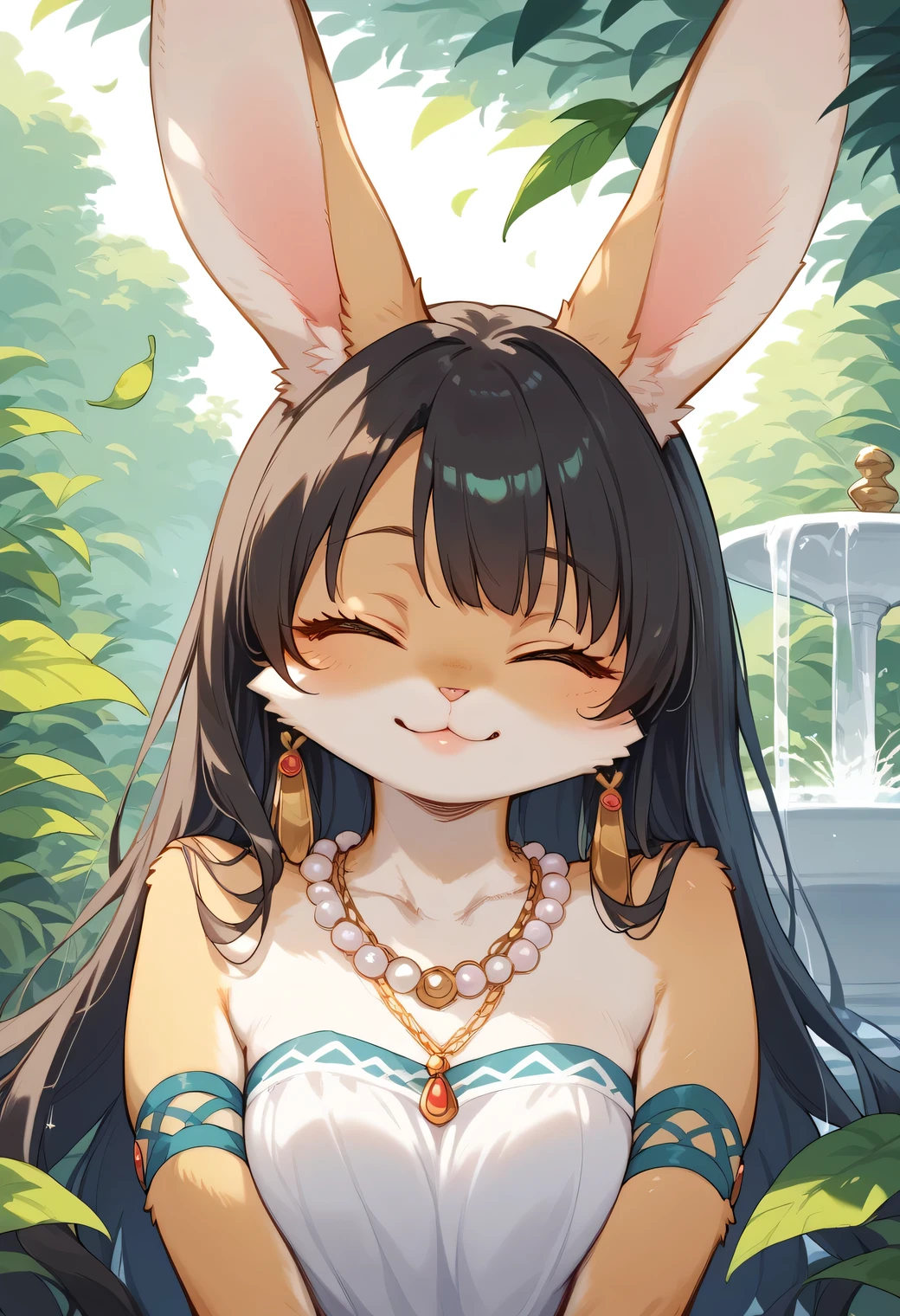 score_9, score_8_up, score_7_up, score_6_up, score_5_up, score_4_up, source_anime, best quality, amazing quality, very aesthetic, absurdres, 1girl, (furry, kemono:1.2), rabbit, rabbit girl, solo, jewelry, earrings, closed eyes, long hair, necklace, smiling, satisfied face, portrait, dark hair, closed mouth, outdoors, lips, daytime, close-up of female face. Blissful, satisfied face, eyes closed, lips slightly open. She is at the height of happiness, her hair is dark brown and she is smiling slightly. She wears a pearl necklace around her neck. Behind her is a fountain with green leaves.