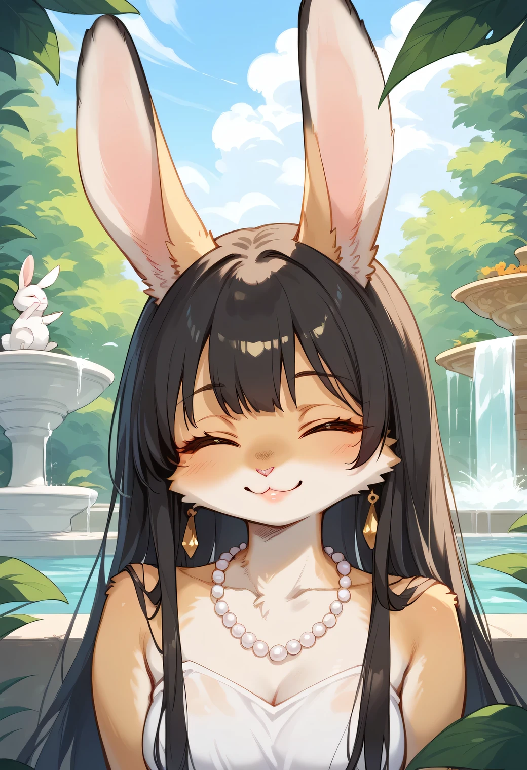 score_9, score_8_up, score_7_up, score_6_up, score_5_up, score_4_up, source_anime, best quality, amazing quality, very aesthetic, absurdres, 1girl, (furry, kemono:1.2), rabbit, rabbit girl, solo, jewelry, earrings, closed eyes, long hair, necklace, smiling, satisfied face, portrait, dark hair, closed mouth, outdoors, lips, daytime, close-up of female face. Blissful, satisfied face, eyes closed, lips slightly open. She is at the height of happiness, her hair is dark brown and she is smiling slightly. She wears a pearl necklace around her neck. Behind her is a fountain with green leaves.