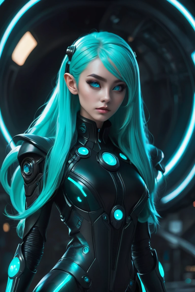 female alien with long cyan  hair   and  glowing eyes wearing   black and cyan sci fi style outfit  ,  sci fi/futuristic  setting