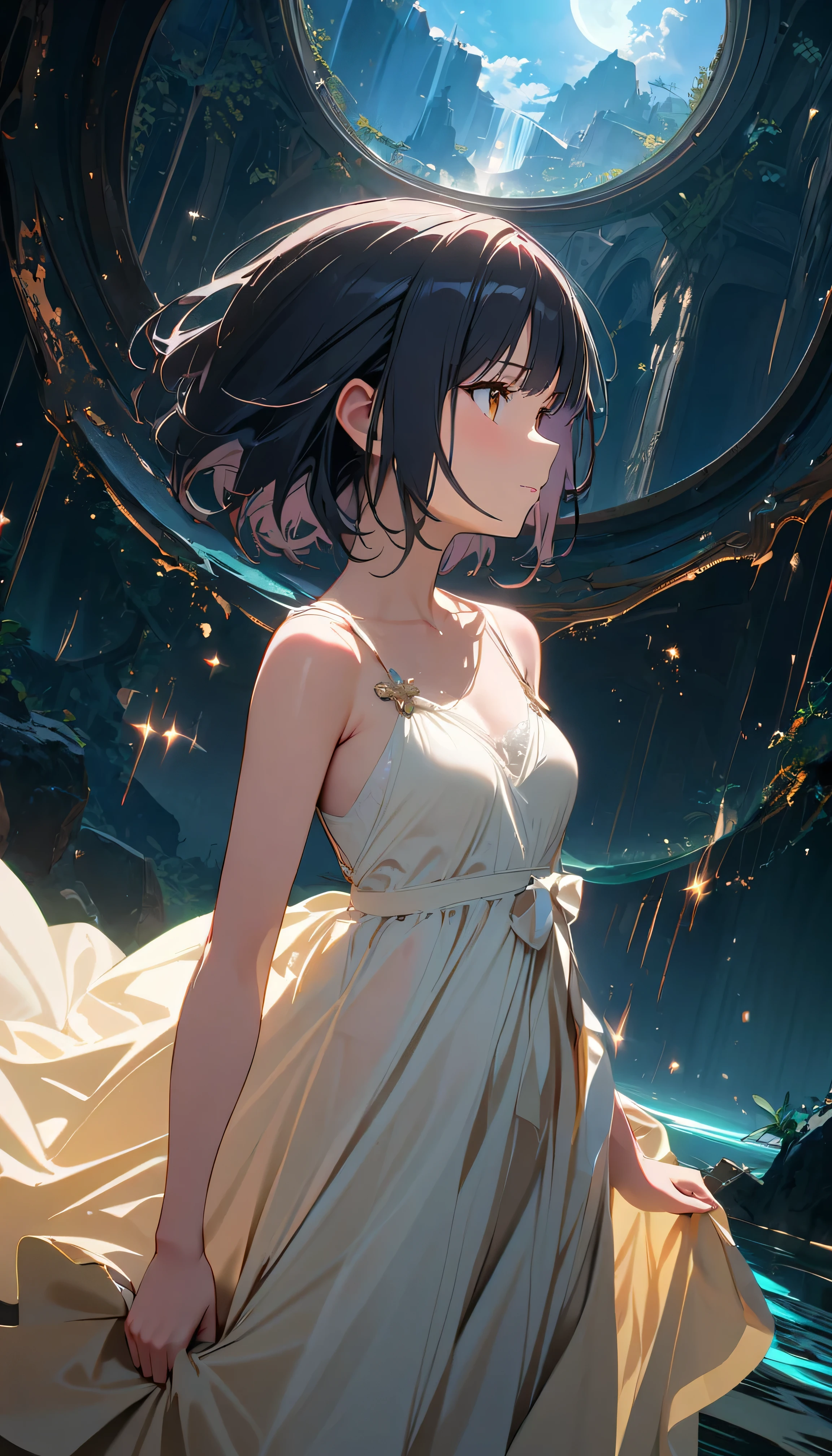 Best Quality, Very detailed, High resolution, Vibrant, masterpiece, Best Quality, Best aesthetics, One Woman, 8k, Very detailed, Beautiful Goddess, Backlight, Brown eyes, (Best Shadow), Absurd, (abyss), Beautiful sparkle, Mystical place, Fantasy, Another world, Late Night, moonlight, darkness, darknessの中で, Reflection of light, Dynamic Angle, dress, Black Hair, Bobcut, Very young, Small breasts, Upper Body