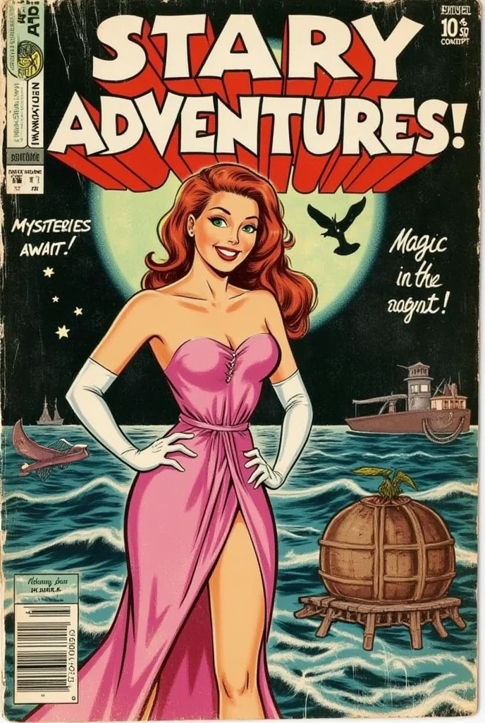 Vintage comic book cover in the style of the 1940s, featuring a captivating scene of a solo character inspired by Starfire from Teen Titans. She stands confidently at the center, wearing a glamorous pink dress that shimmers in the moonlight. Her long, flowing red hair cascades elegantly over her shoulders, and she sports stylish white elbow gloves that add to her sophisticated look.

The backdrop showcases a serene night sky with a full moon casting a silvery glow over the ocean. Sparkles dance in the air, enhancing the enchanting atmosphere. Her vivid green eyes shine with joy as she smiles radiantly, embodying a sense of wonder and adventure.

The title at the top reads 'STARRY ADVENTURES!' in bold, whimsical lettering, while smaller captions around the cover exclaim 'Mysteries Await!' and 'Magic in the Night!' in classic comic fonts.

The edges of the cover are slightly worn, and there’s a price tag reading '10¢' in the bottom corner with an issue number, 'No. 25,' noted as 'April.' The color palette features vibrant pinks, deep greens, and rich blues, combining the charm of 1940s comic art with a touch of fantasy and elegance. The overall design captures the essence of a heroic yet graceful character in a beautifully illustrated setting