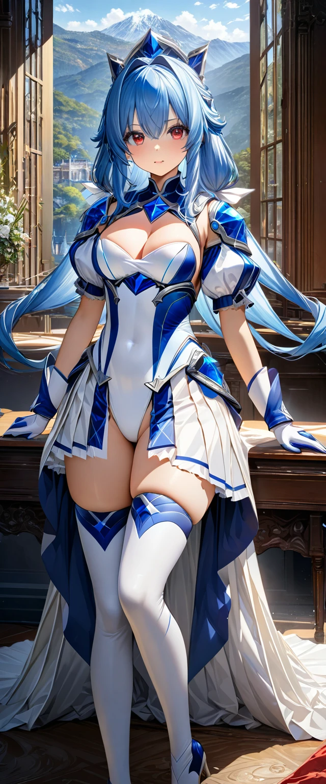 Best Quality、  unity 8k Wallpaper  、32K、masterpiece、 very detailed 、  super high resolution  、 very detailed な顔, RAW photo, professional, Fine painting,　 super high image quality , Daytime sunlight ,  blue hair 、Princess Half Up、Red eyes、２0〜 female warrior around 24 years old 、Blue and white leotard、White pleated skirt with blue lines、Semi-puff sleeves with shoulder pads、 large white ribbon with large sapphire on the chest、White and blue long gloves、  white and blue thigh-high stiletto boots  、whole body