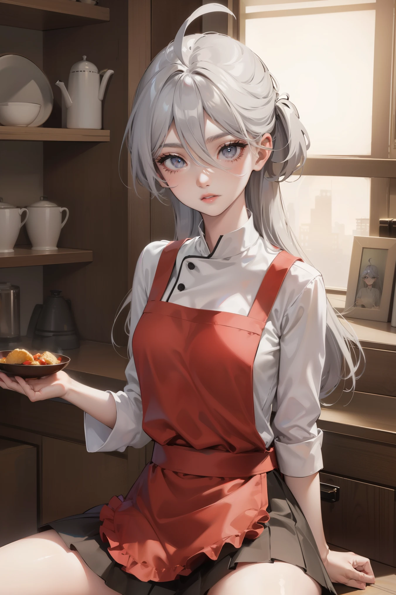 miorine rembran, ahoge, (grey eyes:1.5), grey hair, hair between eyes, (long hair:1.25), swept bangs,
BREAK (white shirt, apron, red skirt, chef, red apron:1.2)
BREAK (spread legs), sitting,
BREAK indoors, military place,
BREAK (masterpiece:1.2), best quality, high resolution, unity 8k wallpaper, (illustration:0.8), (beautiful detailed eyes:1.6), extremely detailed face, perfect lighting, extremely detailed CG, (perfect hands, perfect anatomy),