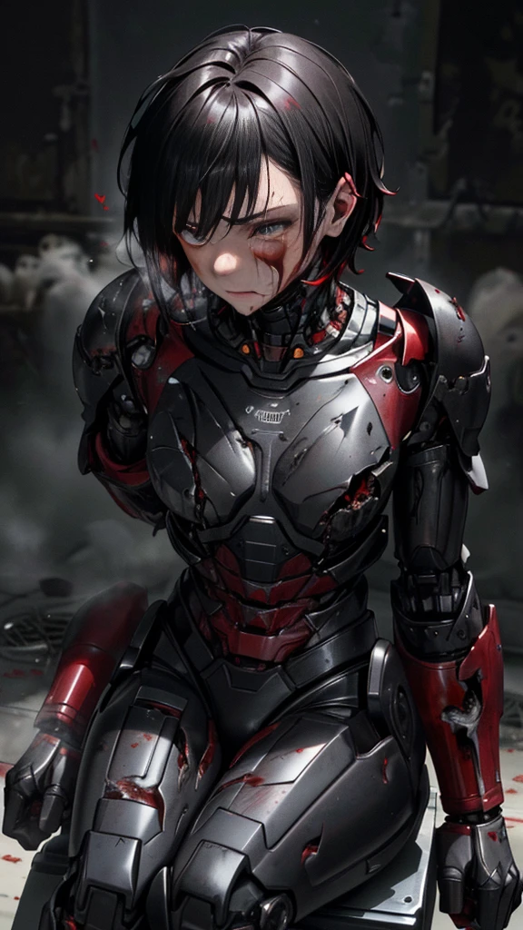 Rough skin,  very detailed ,  's Graveyard More Details  ,  high quality, 最 high quality,  Kampala, 1080P 、Bleeding from wounds、Red Armor、Wearing red and black、cute((Severe damage to the entire body))( from the damaged area of the upper body...)(Red Armor)(Broken Armor) Black Hair 、、Short Hair、 Drenched 、Open your mouth、Sweaty face、It hurts again、cute、、 drooling from the mouth、Wear a female robot suit that was damaged by black smoke 　Female university student　　(Steam coming out of my face) ((Steam from the body))  sit on a chair　 I can see the vagina　 drool　look down on