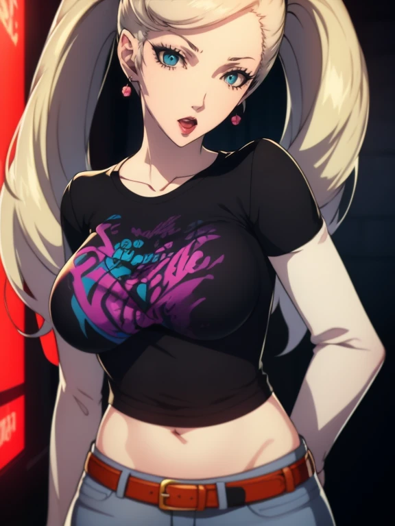 AnnTak, twintails, blue eyes, blonde hair  ,earrings ,lipstick, eye shadow , 1girl, solo, black t-shirt, white shirt, blue jeans, belt, lipstick, large breasts