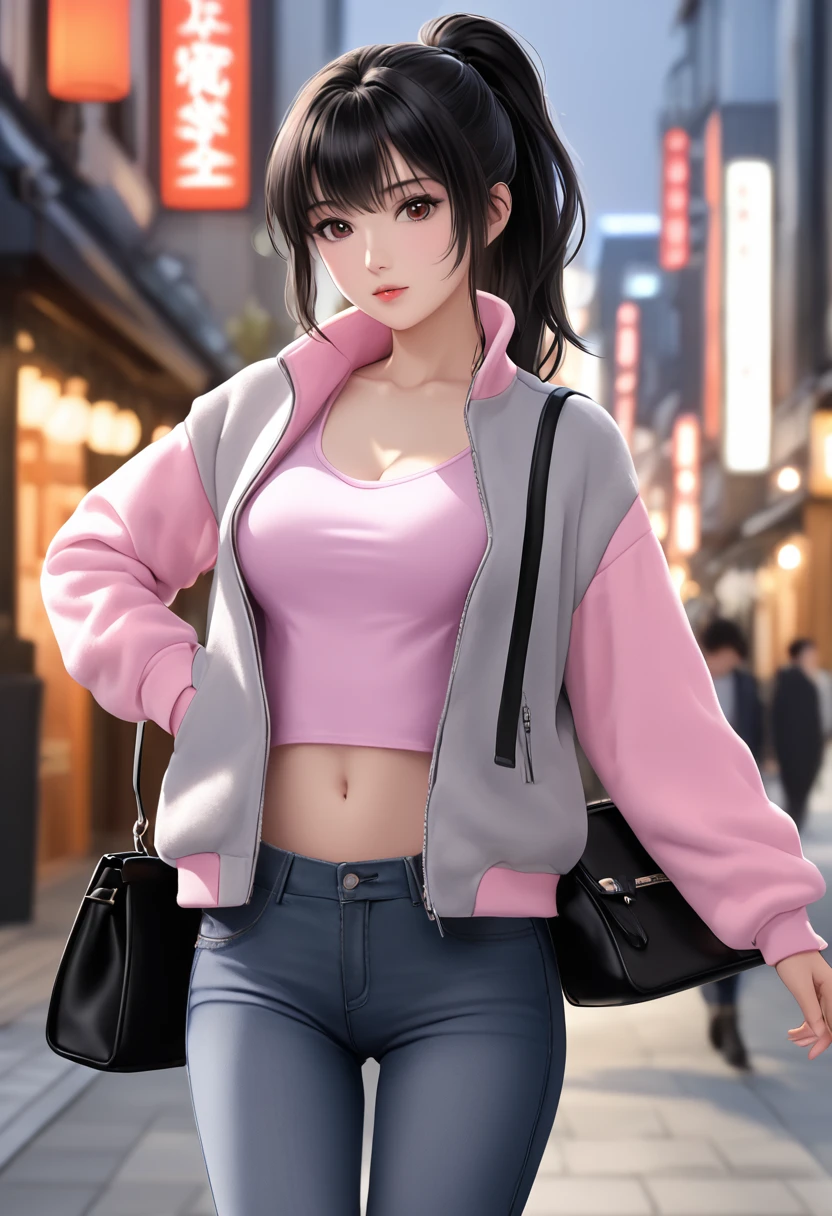 sfw, masterpiece, Best Quality, High resolution, detail hands, detail fingers, detail face, detail leg, realistic, perfect lighting, (1girl, solo, detail girl, 20 years old girl), cute girl, (black hair, ponytail hair, brown eyes, Fair skin, medium breasts, slender:1.2), (pale purple Fleece jacket, open jacket, pink shirts, black damage jeans, gray sneakers, with black handbag), (japanese), (morden, city, street), (walking)