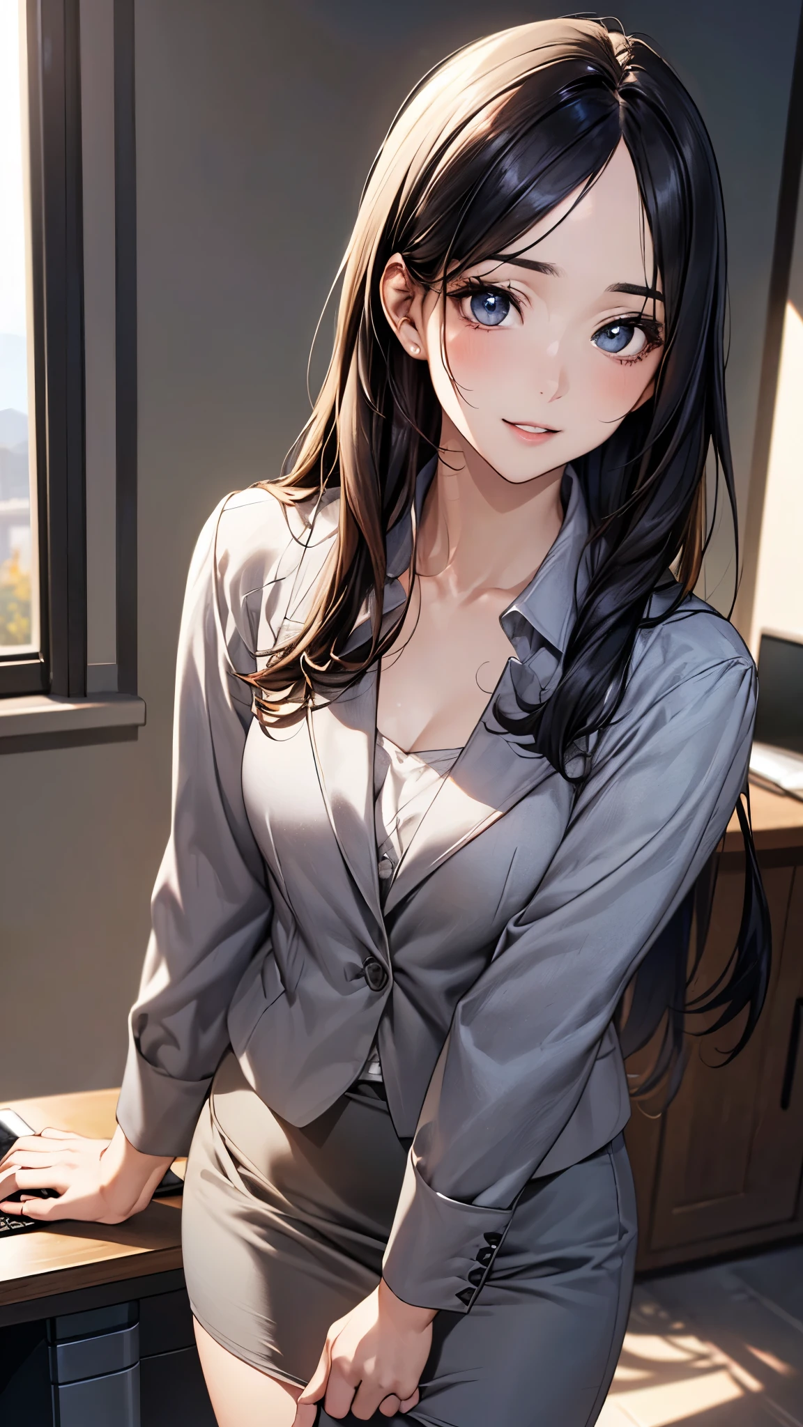 (masterpiece:1.3, top-quality, ultra high res, ultra detailed), (realistic, photorealistic:1.3), beautiful illustration, perfect lighting, natural lighting, depth of fields,
beautiful detailed hair, beautiful detailed face, beautiful detailed eyes, beautiful clavicle, beautiful body, beautiful chest, beautiful thigh, beautiful legs, beautiful fingers, shiny skin,
looking at viewer, (face focus), 1 woman, (perfect anatomy, anatomically correct, super detailed skin), cute and symmetrical face, perfect face, perfect eyes, face, tiny,
(long hair:1.4, hime style, hime cut, black hair), (forehead), blue eyes, big eyes, slant eyes, long eyelashes, (medium breasts, seductive thighs), slender,
(detailed cloth texture), break (((grey jacket))), break (((grey pencil skirt))), break (white collared shirt), break
(beautiful scenery), autumn, afternoon, (computer office:1.2), standing, (fold arms), (cute smile, parted lips),