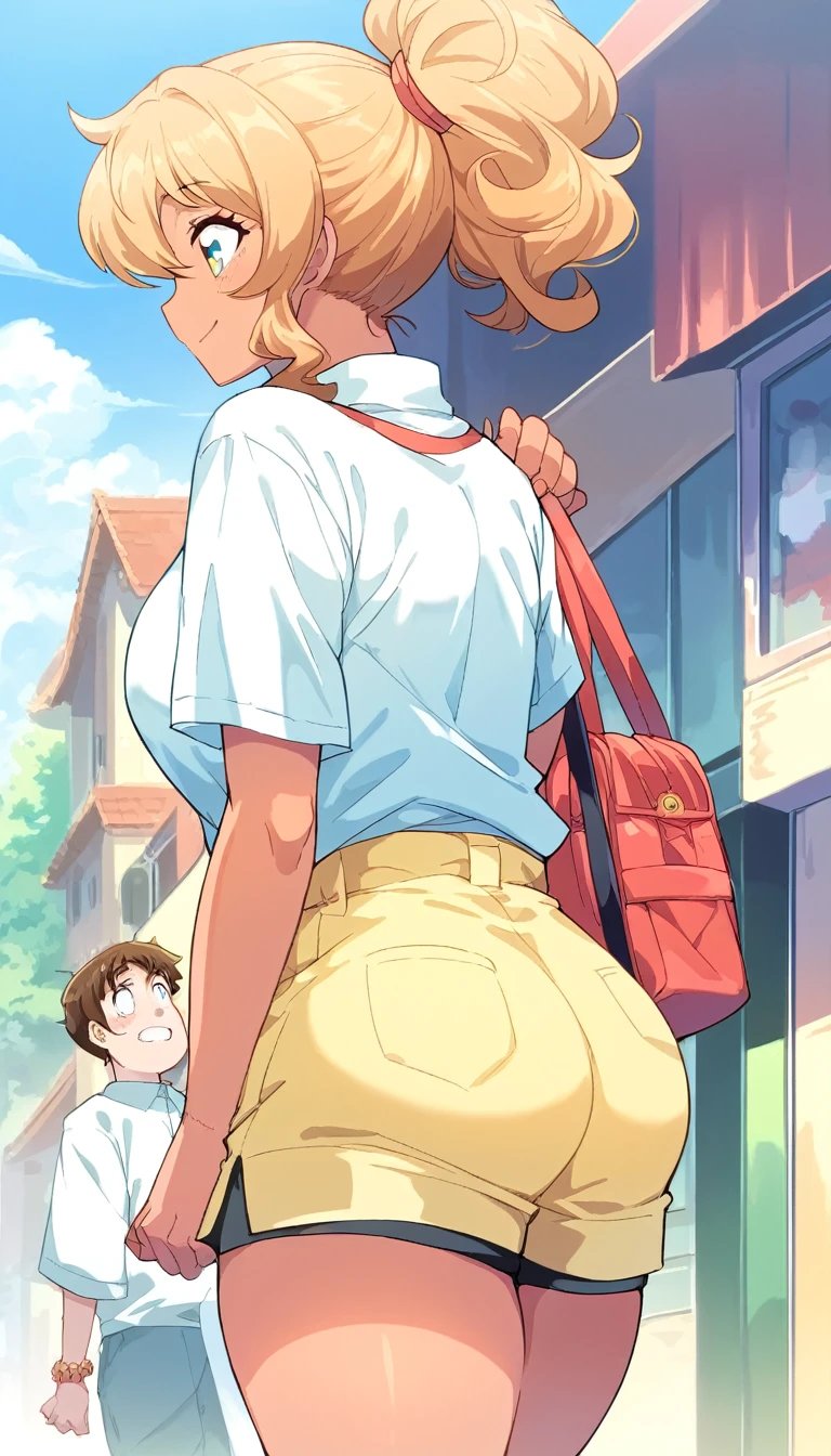 A girl of normal height,   tanned girl dressed like a student,  Wearing a ponytail,  smiling, orange curly hair ,  big ass and big boobs,     looking forward    