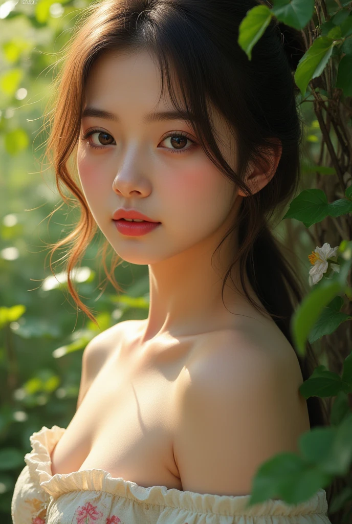 a girl in a garden, beautiful detailed eyes, beautiful detailed lips, extremely detailed eyes and face, long eyelashes, detailed portrait, intricate details, natural scenery, vibrant colors, lush foliage, dappled sunlight, photorealistic, 8k, high quality, masterpiece, digital painting