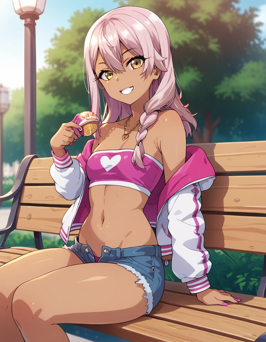 1girl,solo,smile,outdoor,midriff, pink tube top, denim hotpants, open fly, beld, gyaru clothes, thighighs,sitting,bench, chloe,dark_skinned_female,dark_skin,long_hair,pink_hair,yellow_eyes,hair_between_eyes,white_hair,bangs,small_breasts, young girl, **li, takeda hiromitsu style, slender waist, nice hips, slut