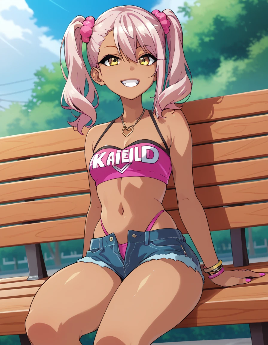 1girl,solo,smile,outdoor,midriff, pink tube top, denim hotpants, open fly, beld, gyaru clothes, thighighs,sitting,bench, chloe,dark_skinned_female,dark_skin,long_hair,pink_hair,yellow_eyes,hair_between_eyes,white_hair,bangs,small_breasts, young girl, loli, takeda hiromitsu style, slender waist, nice hips, slut