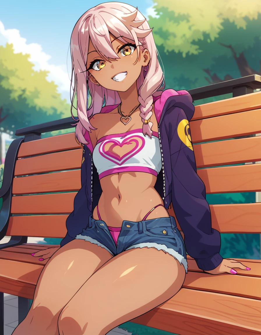 1girl,solo,smile,outdoor,midriff, pink tube top, denim hotpants, open fly, beld, gyaru clothes, thighighs,sitting,bench, chloe,dark_skinned_female,dark_skin,long_hair,pink_hair,yellow_eyes,hair_between_eyes,white_hair,bangs,small_breasts, young girl, loli, takeda hiromitsu style, slender waist, nice hips, slut