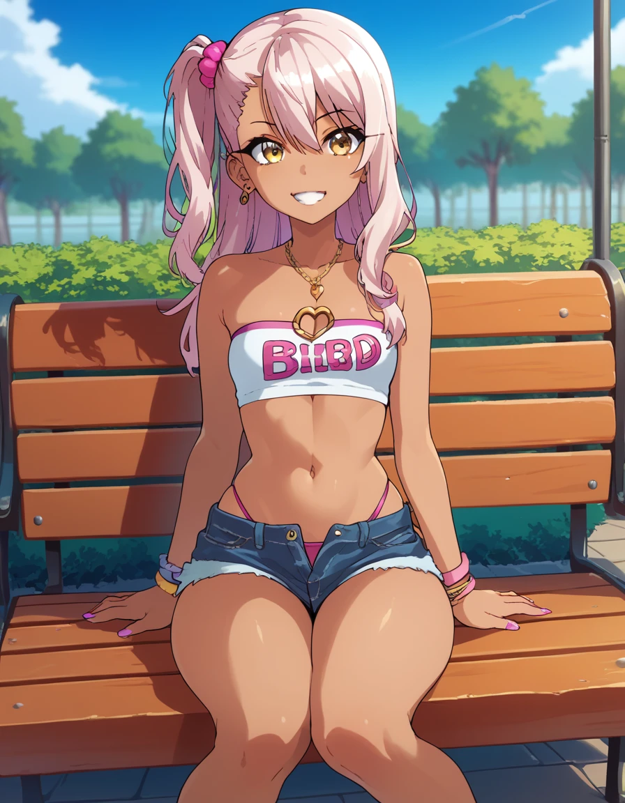 1girl,solo,smile,outdoor,midriff, pink tube top, denim hotpants, open fly, beld, gyaru clothes, thighighs,sitting,bench, chloe,dark_skinned_female,dark_skin,long_hair,pink_hair,yellow_eyes,hair_between_eyes,white_hair,bangs,small_breasts, young girl, ****, takeda hiromitsu style, slender waist, nice hips, slut