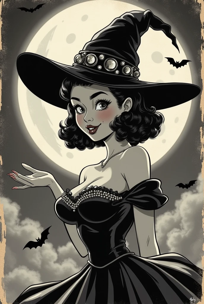 Vintage comic book cover in the style of the 1940s, featuring Momo Ayase as a whimsical witch with short hair and bangs, styled in a playful yet mysterious manner. She wears an exaggerated witch hat adorned with sparkling jewels and a flowing dress that hints at a classic Halloween costume. Her medium breasts and thick eyebrows accentuate her character, giving her a bold presence.

The scene is set at night under a glowing full moon, casting a silvery light that enhances the monochrome and greyscale tones of the cover. Momo smiles mischievously, with one eye playfully closed, and a soft blush on her cheeks that adds to her charm.

The background is a dreamy night sky filled with swirling clouds and silhouettes of bats flying by, creating an eerie yet enchanting atmosphere. The cover features a dutch angle composition that adds dynamism, with Momo slightly off-center, creating a sense of movement.

The title at the top reads 'WITCHING HOUR MYSTERIES!' in bold, stylized lettering, with smaller captions declaring 'Magic Awaits!' and 'Spells of the Night!' in classic comic fonts. The edges of the cover are slightly worn, with a price tag of '10¢' in the bottom corner and the issue number 'No. 8,' indicating 'October.' The overall design captures the essence of vintage comic art with its playful yet dark tone, making it perfect for the Halloween theme.