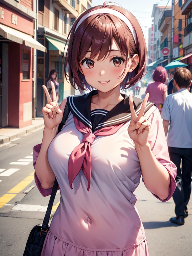  Kampala,cute, Brown Eyes ,Brown Hair,20-year-old woman,solo,Five beautiful fingers,Sailor suit,Pink hair band,smile,B Cup, short hair,Looking at the camera,Blurred Background,morning,bustling street, Peace Sign ,