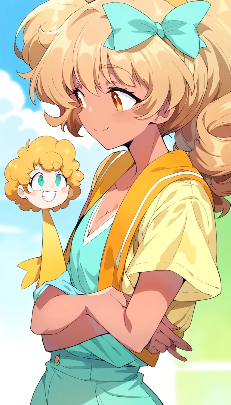 A girl of normal height,   tanned girl dressed like a student,  Wearing a ponytail,  smiling, orange curly hair ,  big ass and big boobs,     looking forward    