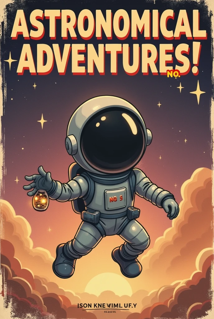 Vintage comic book cover featuring a full shot of a small astronaut figure in a stylized gray spacesuit, floating against a dreamy starry night backdrop of muted purple and brown tones. The astronaut, with simple, cartoonish lines and a dark visor, embodies a playful charm.

In one hand, the astronaut holds a small, clear container filled with tiny, shimmering stars of light golden color, as if on a whimsical mission to collect cosmic treasures. Scattered throughout the background, small golden stars twinkle, enhancing the sense of depth and vastness of space.

The background transitions from a deep purple-brown at the top to lighter shades near the bottom, with soft clouds or nebulae in similar muted hues, creating an enchanting atmosphere. The overall color palette is soft and evocative, capturing a sense of wonder and serenity.

The title at the top reads 'ASTRONOMICAL ADVENTURES!' in bold, retro-style lettering, with smaller captions proclaiming 'Collecting the Universe!' and 'A Journey Beyond!' in classic comic fonts. The cover features worn edges, a price tag of '10¢' in the bottom corner, and the issue number 'No. 5,' making it a nostalgic addition to any collection. The design pays homage to vintage comic art, blending whimsy with the allure of space exploration.